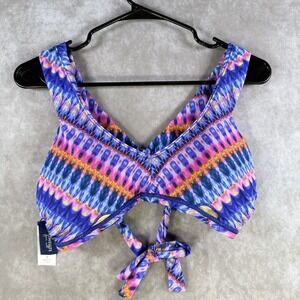 Vibrant Ikat Women Small Tie-Dye Halter V-Neck Bikini Top Boho Festival Multi